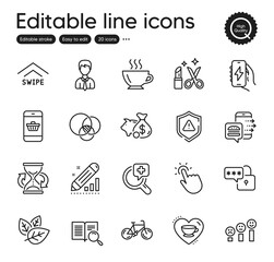 Set of Business outline icons. Contains icons as Businessman, Love coffee and Smartphone buying elements. Shield, Piggy bank, Bicycle web signs. Edit statistics, Beauty, Touchpoint elements. Vector