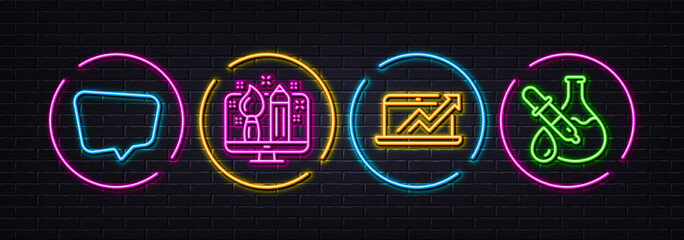 Sales diagram, Creative design and Chat message minimal line icons. Neon laser 3d lights. Chemistry experiment icons. For web, application, printing. Sale growth chart, Designer, Speech bubble. Vector