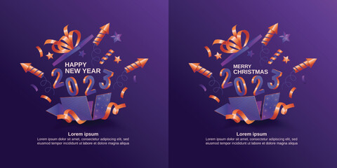 Set of happy new year and merry Christmas 2023. 2023 new year with 3D number on purple background