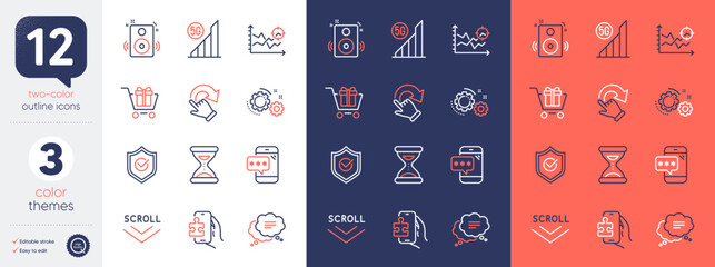 Set of Speakers, Scroll down and Rotation gesture line icons. Include Shopping cart, 5g wifi, Seo analysis icons. Text message, Phone password, Gears web elements. Puzzle game, Time. Vector