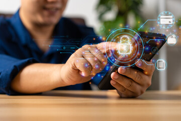 Asian Businessman using mobile smartphones and icon unlock network connections before assigning bank accounts, credit card, and confidential data. Cyber security internet and networking concept