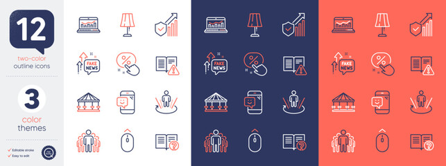 Set of Fake news, Security statistics and Web analytics line icons. Include Swipe up, Discount button, Group icons. Smile, Table lamp, Augmented reality web elements. Help. Vector