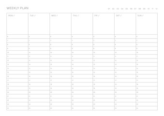 A weekly plan design template in a modern, simple, and minimalist style. Note, scheduler, diary, calendar, planner document template illustration.