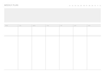 A weekly plan design template in a modern, simple, and minimalist style. Note, scheduler, diary, calendar, planner document template illustration.