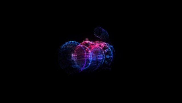 Blue particle and lines form 3d model Gas turbine engine. Looping hologram.