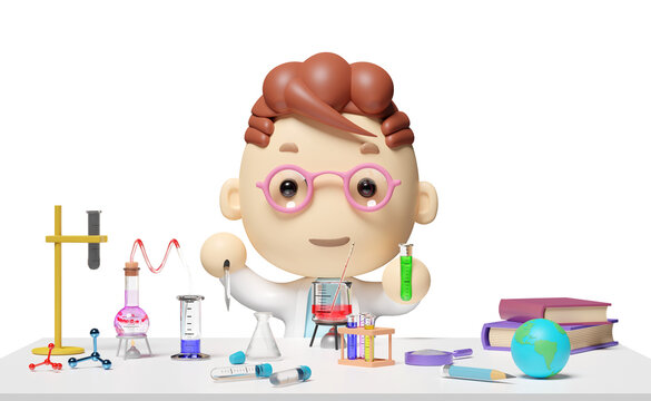 room innovative education concept, 3d miniature cartoon boy character hand hold test tube with science experiment kit, desk in lab isolated. 3d render illustration