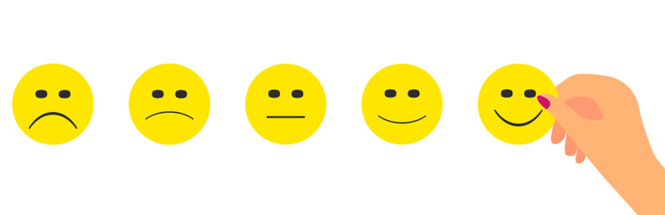 woman choosing happy facial expression.
customer review, quality assessment, feedback idea concept.Child health, world mental health idea.