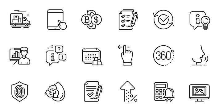 Outline set of Delivery, Approved agreement and Increasing percent line icons for web application. Talk, information, delivery truck outline icon. Vector