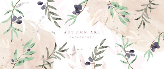 Autumn foliage in watercolor vector background. Abstract wallpaper design with green leaves, line art, leaf branch, berry. Botanical in fall season illustration suitable for fabric, prints, cover. - obrazy, fototapety, plakaty