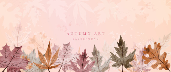 Fototapeta premium Autumn foliage in watercolor vector background. Abstract wallpaper design with maple, oak leaves, line art, leaf border. Botanical in fall season illustration suitable for fabric, prints, cover.