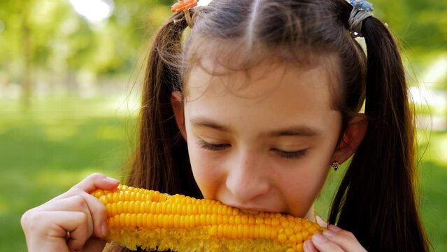 Close-up of a happy girl with an appetite eating a corn cob in nature in front of the camera.