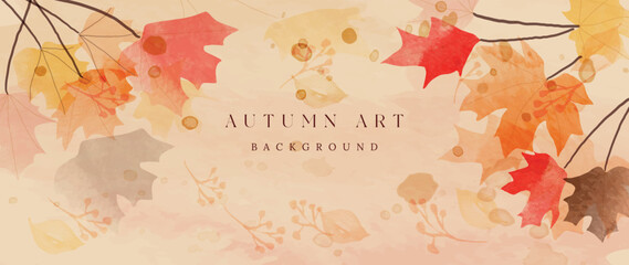 Fototapeta premium Autumn foliage in watercolor vector background. Abstract wallpaper design with maple leaves, branches, berry, flowers. Botanical in fall season illustration suitable for fabric, prints, cover.