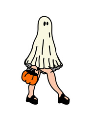 A woman in a ghost costume with a sheet, Halloween.

