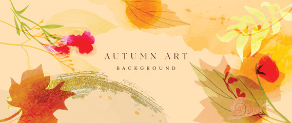 Fototapeta premium Autumn foliage in watercolor vector background. Abstract wallpaper design with maple leaves, branches, snail, flowers. Elegant botanical in fall season illustration suitable for fabric, prints, cover.