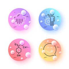 Chemical formula, Employee and Cloud storage minimal line icons. 3d spheres or balls buttons. Yummy smile icons. For web, application, printing. Chemistry, Cogwheel, Data service. Emoticon. Vector