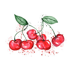 watercolor cherries isolated on white background with paint splashes, ripe juicy cherries, watercolor illustration for healthy food concept