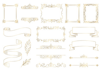 レトロな装飾フレームのセット, シンプルな金色の線の飾り枠, デザイン用の装飾コレクション.
