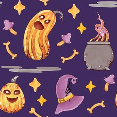 Seamless pattern for Halloween. Background with pumpkins, mushrooms, bones and a witch's cauldron. Hand-drawn. Marker Art	