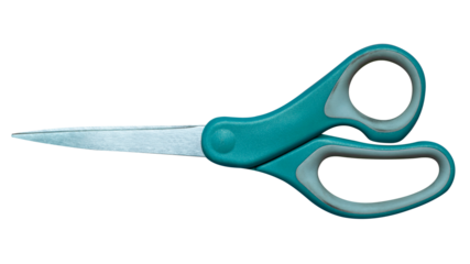 top view of a pair of red colored plastic open scissors isolated on paper background