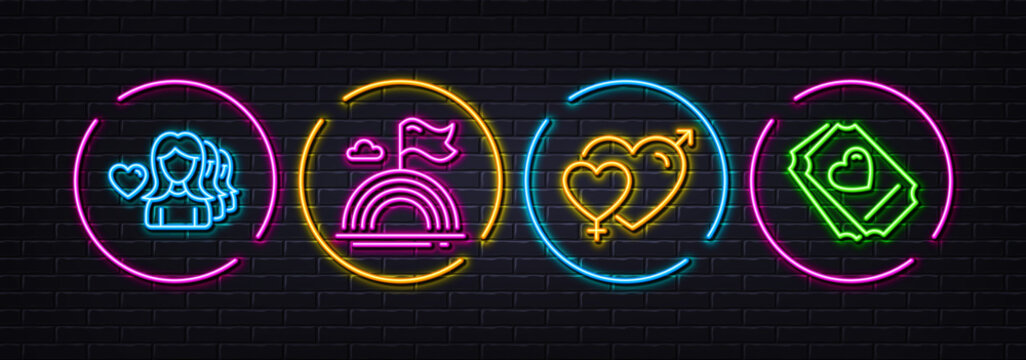 Woman love, Lgbt and Male female minimal line icons. Neon laser 3d lights. Love ticket icons. For web, application, printing. Romantic people, Rainbow flag, Heart. Neon lights buttons. Vector