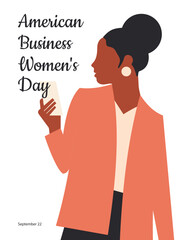 Fototapeta na wymiar American Business Women's Day. September 22nd. A woman with a mobile phone in her hand on a vertical white background. Vector.