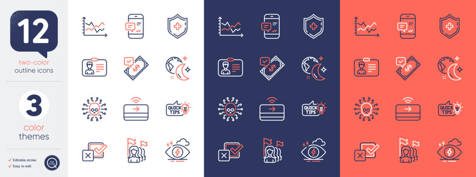 Set of Cyber attack, Education idea and Diagram chart line icons. Include Medical shield, Stress, Smartphone notification icons. Contactless payment, Identification card. Bicolor outline icon. Vector