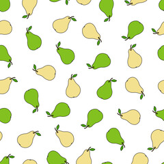 Obraz premium Seamless pattern with yellow and green pears on a white background. Fruit pattern. Doodles