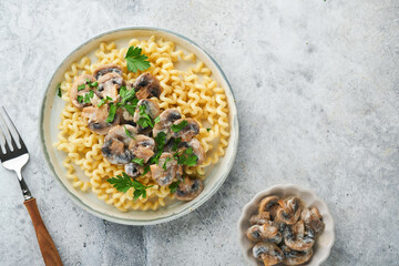 Fusilli pasta with mushrooms, cheese and garlic creamy sauce on plate on on grey stone or concrete table background. Top view. Traditional Italian cuisine.