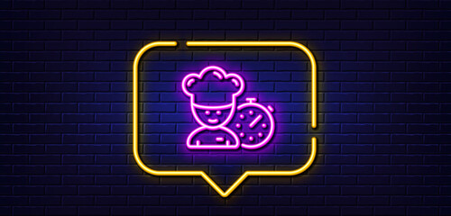 Neon light speech bubble. Chef time line icon. Chief-cooker sign. Food timer symbol. Neon light background. Chef glow line. Brick wall banner. Vector