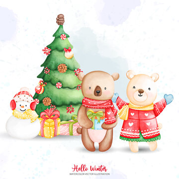 Watercolor Christmas Animals. Christmas Bear and Snowman with Christmas Tree. Vector illustrations