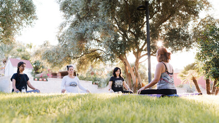 Group of women doing yoga outdoors in a park