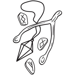 Hand drawn magical composition of an amulet, a wish bone and runes