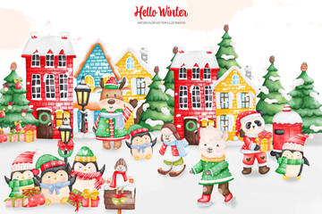 Naklejka premium Cute Watercolor Christmas Animal Scene. Christmas Animal Vector illustrations Element..