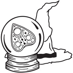 Hand drawn magical composition of a mystical fortune-telling ball with a Ouija Board and a witch's hat