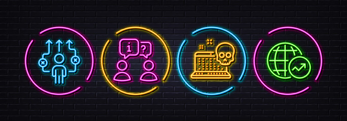 Business way, Interview and Cyber attack minimal line icons. Neon laser 3d lights. World statistics icons. For web, application, printing. Correct path, Job meeting, Computer hacking. Vector