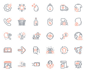 Business icons set. Included icon as Change clothes, Share call and Market web elements. Next, Security agency, Search icons. Scroll down, Wash t-shirt, Eye target web signs. Vector