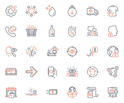 Business icons set. Included icon as Change clothes, Share call and Market web elements. Next, Security agency, Search icons. Scroll down, Wash t-shirt, Eye target web signs. Vector