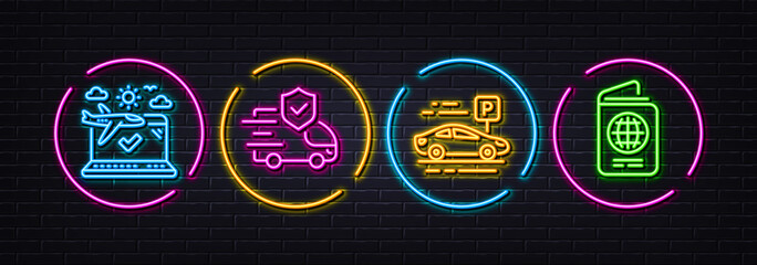 Airplane travel, Car parking and Transport insurance minimal line icons. Neon laser 3d lights. Passport icons. For web, application, printing. Check in, Transport place, Full coverage. Vector