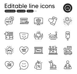 Set of Holidays outline icons. Contains icons as Heart, Scuba diving and Buyer elements. Smile chat, Ice cream, True love web signs. Hold heart, Luggage belt, Marketplace elements. Vector