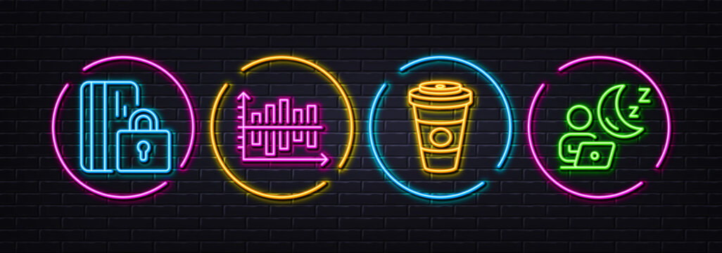 Blocked card, Takeaway coffee and Diagram chart minimal line icons. Neon laser 3d lights. Shift icons. For web, application, printing. Private money, Hot latte drink, Presentation graph. Vector