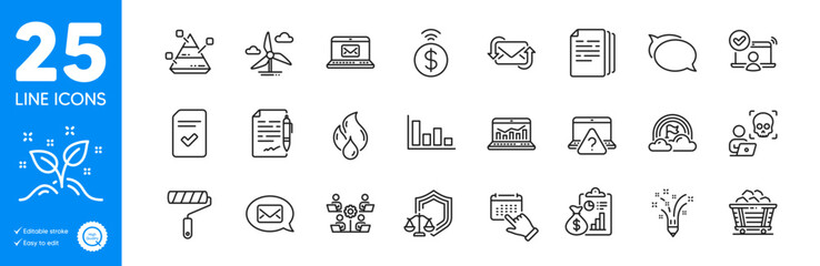 Outline icons set. Copy documents, Teamwork and Flammable fuel icons. Histogram, Paint roller, Talk bubble web elements. Coal trolley, Startup concept, Justice scales signs. Lgbt. Vector