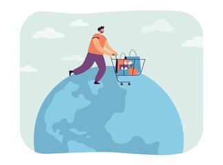 Customer with shopping cart on top of planet. Man buying goods from internet store with global shipping flat vector illustration. Shopping, delivery, e-commerce concept for banner or landing web page