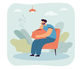 Sad man sitting on chair with piggybank. Upset guy without money holding piggy bank flat vector illustration. Savings, banking, wealth, finances concept for banner, website design or landing web page