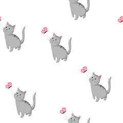 Fototapeta na wymiar The pattern with cat and butterfly. Vector illustration