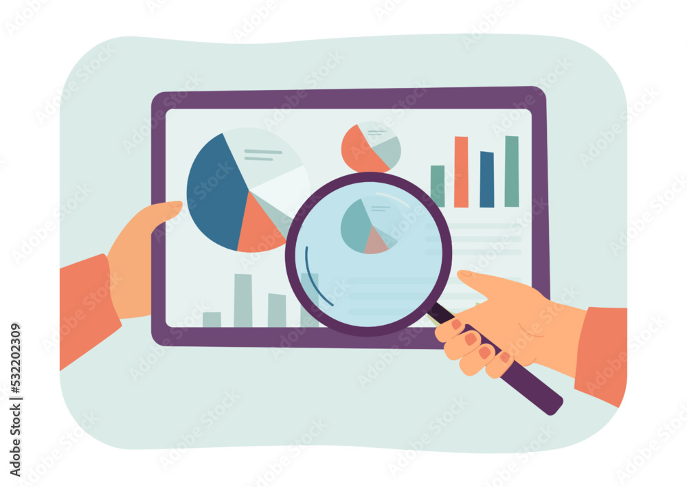 Wall mural hands of person analyzing company statistics. worker studying charts under magnifier or making repor