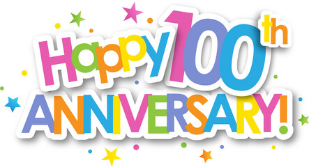 Colorful HAPPY 100th ANNIVERSARY banner with stars on transparent background