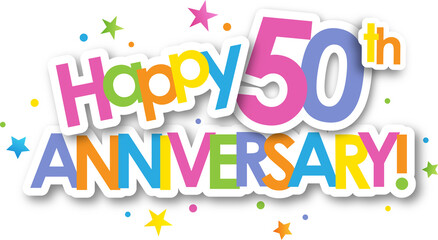 Colorful HAPPY 50th ANNIVERSARY banner with stars on transparent background