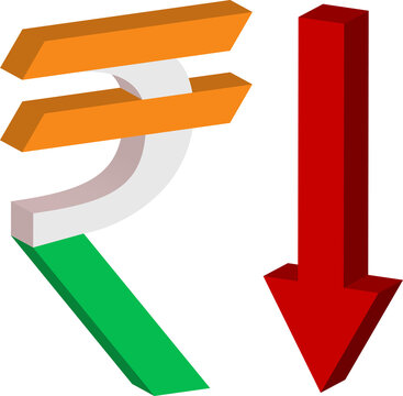rupee india currency 3d symbol icon with red arrow down