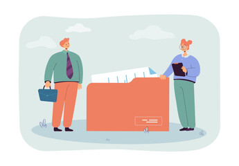 Tiny office workers and huge folder with documents. Company people standing next to file flat vector illustration. Information, business concept for banner, website design or landing web page