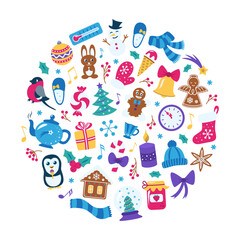 Winter season cute elements collection in round shape composition. Christmas icons set. Isolated on white background. Flat vector objects for holiday design.